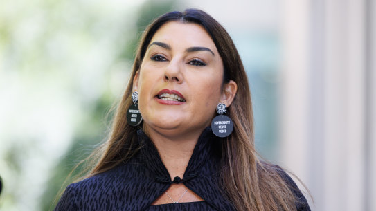 Senator Lidia Thorpe at her press conference, resigning from the Greens.