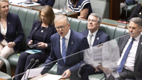 Prime Minister Anthony Albanese speaking in parliament this morning.
