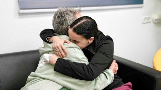 Emily Damari, right, and her mother Mandy near kibbutz Reim, southern Israel after Emily was released from captivity by Hamas militants in Gaza.