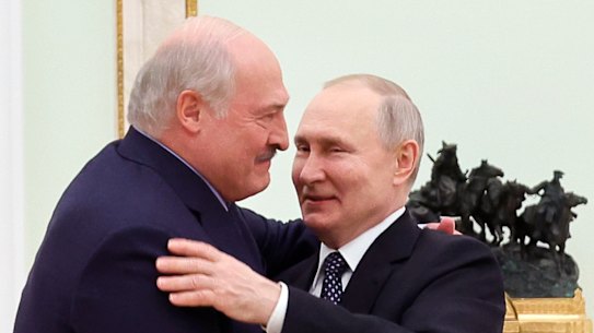 Belarusian President Alexander Lukashenko and Russian President Vladimir Putin at the Kremlin in April.
