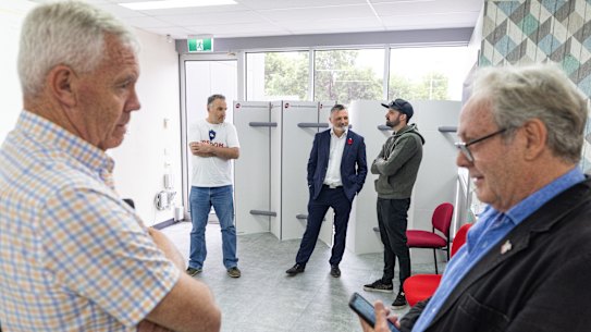 Labor’s Steve McGhie (left) talks to independent Ian Birchall at the ballot draw for Melton