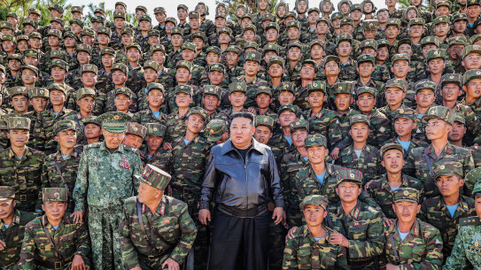 North Korea’s leader, Kim Jong Un (centre), posing with troops during an inspection at a training base of the Korean People’s Army’s special operations forces in the western region, at an undisclosed location in North Korea.