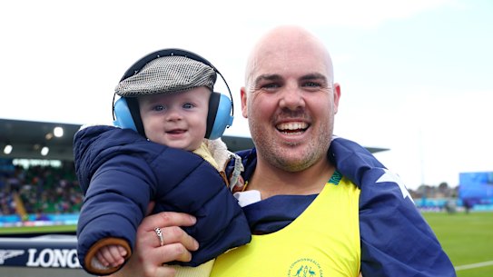 Gold medallist Matthew Denny of Team Australia poses for a photo after the men’s discus throw final.
