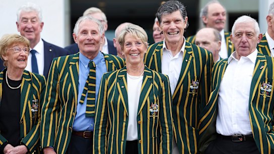 Australian athletes at the 1980 Moscow Olympics gather for a group photo at the front of Parliament House ahead of a formal acknowledgment by Parliament, in Canberra on Wednesday 30 July 2025. fedpol Photo: Alex Ellinghausen (Olympic swimmer Michelle Ford is photographed standing in front row, centre)