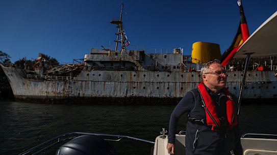 Director of NSW Maritime, Darren Wood front of the MV Cape Don , currently berthed at the former coal loading wharf in Balls Head Bay, Waverton, New South Wales, Wednesday, 28 May 2025. The expected sinking of the ship any minute could cause untold environmental damage and taxpayer expense.   Picture - Sam Mooy / The Sydney Morning Herald