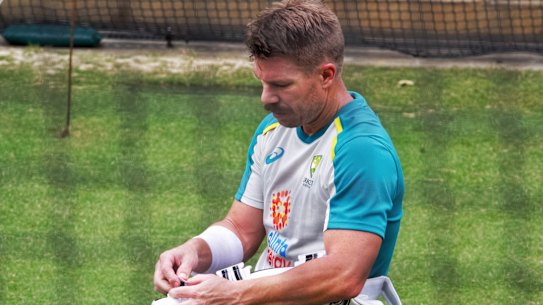 David Warner in the nets.