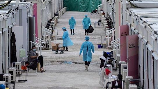 A makeshift COVID-19 isolation facility in the San Tin area of Hong Kong on Friday.