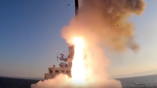 A Russian warship launches a cruise missile at a target in Ukraine last year.