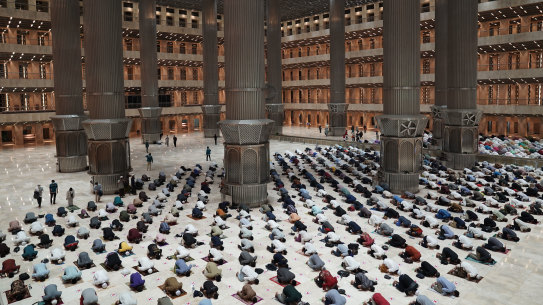 Worshippers socially distancing inside the Istiqlal Mosque in Jakarta.