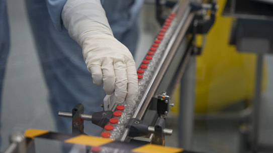 Locally produced vaccine vials coming off a Melbourne production at CSL’s Seqirus last year.