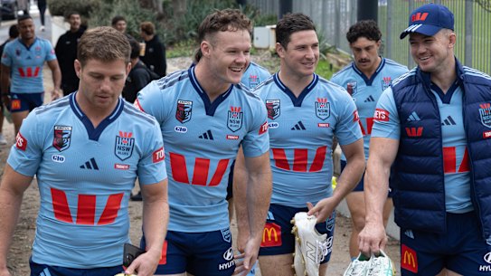 NSW Blues players arrive for a media call at the NSWRL Centre of Excellence on Monday.