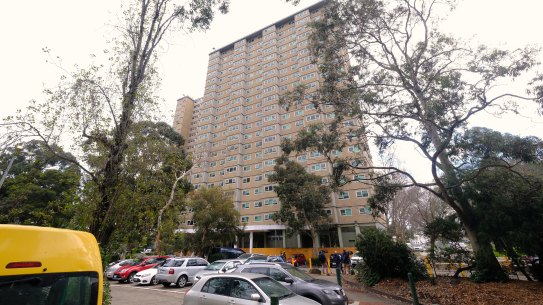 The public housing tower at 130 Racecourse Road in Flemington, one of the first of 44 such towers in Melbourne to be knocked down for redevelopment.
