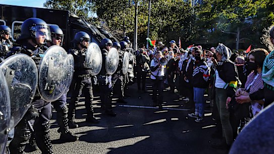 The vast majority of protesters remained at a distance from the police line.