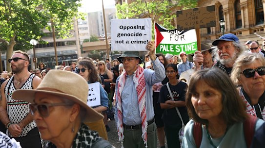 Protesters against some aspects of the NSW government’s response to the Bondi terror attack gathered at Town Hall on Monday.