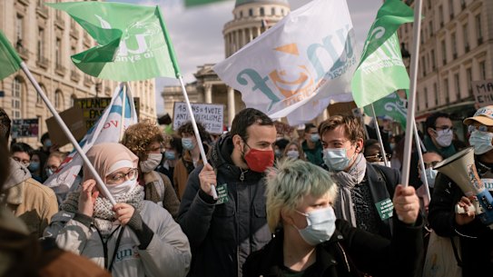 eaders of France’s 114-year-old university student union, Unef, from left, Maryam Pougetoux, Quentin Bourgeon and Adrien Lienard at a demonstration in Paris, March 19, 2021. 