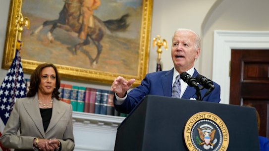 President Joe Biden speaks about abortion access during an event in the Roosevelt Room of the White House, Friday, July 8, 2022, in Washington. Vice President Kamala Harris looks on at left. (AP Photo/Evan Vucci)