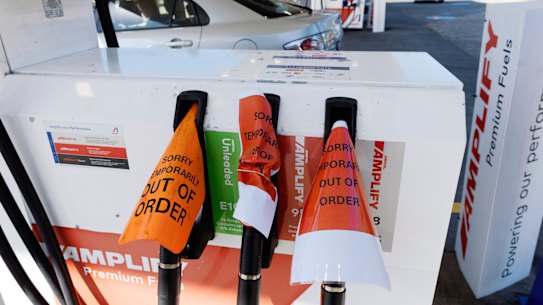 Sold out signage on the petrol bowsers at Ampol Foodary Kingsford.