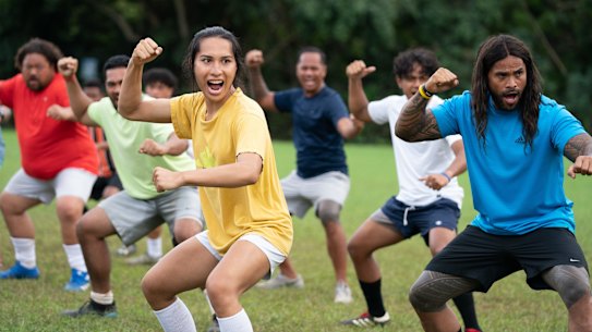 Kaimana (left) plays Jaiyah Saelua, a faʻafafine (third gender) player, in Next Goal Wins.