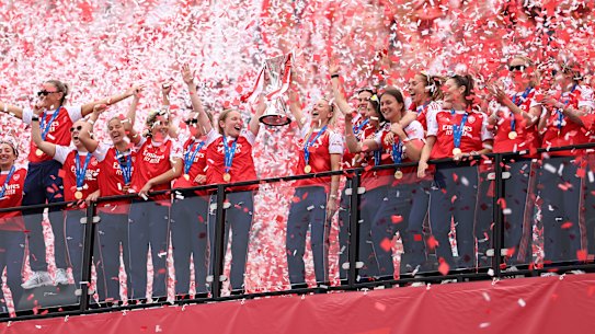Arsenal lift the UEFA Women’s Cup during the trophy lift celebrations at Emirates Stadium.