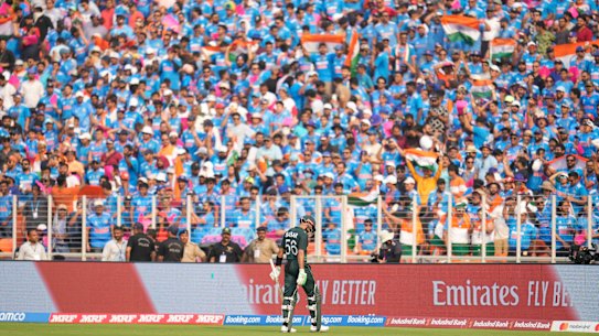 Pakistan’s captain Babar Azam leaves the ground after losing his wicket.