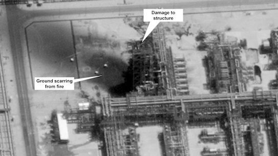 Damage to infrastructure at Saudi Aramco's Kuirais oil field in Buqyaq, Saudi Arabia. 