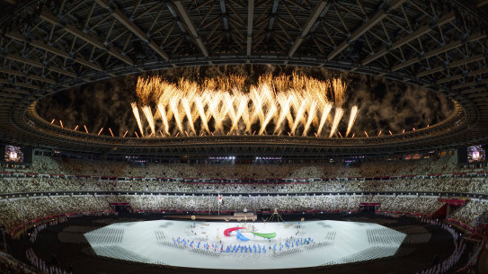 Fireworks are set off at the Paralympic opening ceremony. 