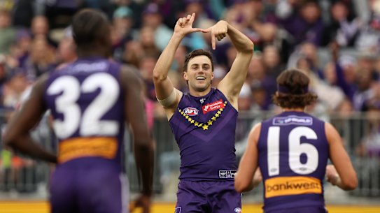 PERTH, AUSTRALIA - JUNE 29: Jordan Clark of the Dockers celebrates a goal during the 2025 AFL Round 16 match between the Fremantle Dockers and the St Kilda Saints at Optus Stadium on June 29, 2025 in Perth, Australia. (Photo by Janelle St Pierre/AFL Photos via Getty Images)