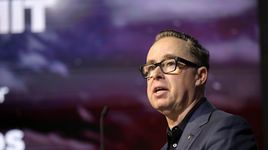 Former Qantas CEO Alan Joyce speaking in Sydney in August.