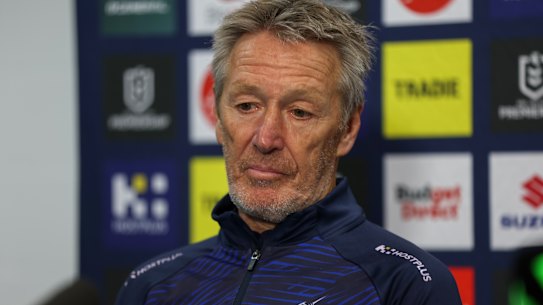 Craig Bellamy fronts media after the Storm’s defeat to Canberra two weeks ago.