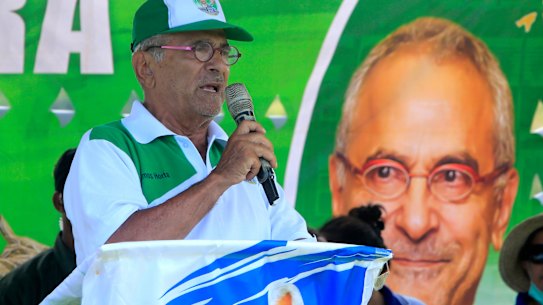 Presidential candidate Jose Ramos Horta speaks to supporters during a campaign rally of his CNRT (National Congress for the Reconstruction of Timor Leste) Party in Dili, East Timor, Tuesday, March 15, 2022. East Timor is gearing up to hold its presidential election on March 19. (AP Photo/Lorenio Do Rosario Pereira)
