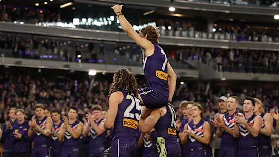 Two-time Brownlow medallist Nat Fyfe was chaired off after his final AFL game.