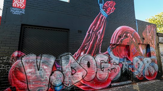 The mural by street LA-based street artist Lauren YS titled Kinbakubi has been defaced.