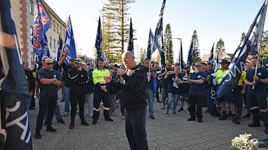 MUA WA branch secretary Christy Cain speaks to the crowd outside the Esplanade Hotel in Fremantle on Wednesday morning. 