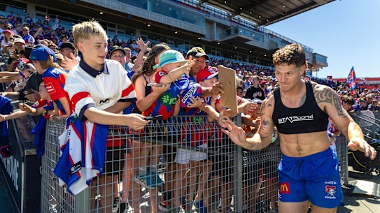 Newcastle Knights captain Kalyn Ponga at an open training session.