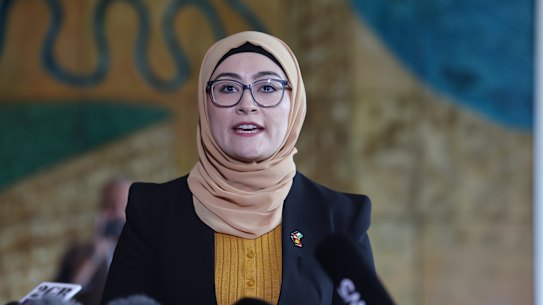 Fatima Payman announces her resignation from the Labor Party in Parliament House on Thursday.