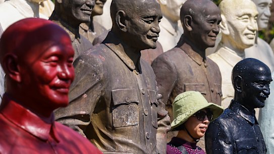 Teacher Chen Si-Zhuang visits the Ci-Hu Memorial Statue Park, which houses sculptures of late leader Chiang Kai-shek.