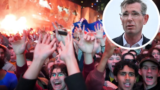 Australian soccer fans at Melbourne Federation Square during the world cup match between Denmark and Australia on Thursday 1 December 2022. 

NSW Premier Dominic Perrottet 1st December, 2022.