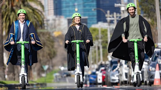 Moonee Valley Mayor Pierce Tyson, Darebin Mayor Susanne Newton and Merri-bek Mayor Adam Pulford love e-scooters.