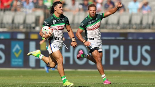 Kaeo Weeks streaks clear to score for Canberra.