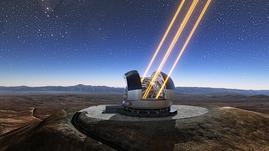 This artist’s rendering shows the Extremely Large Telescope in operation on Cerro Armazones in northern Chile. The telescope is shown using lasers to create artificial stars high in the atmosphere.