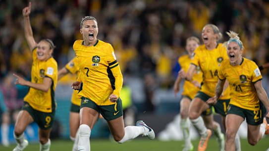 Steph Catley celebrates after scoring the Matildas only goal.