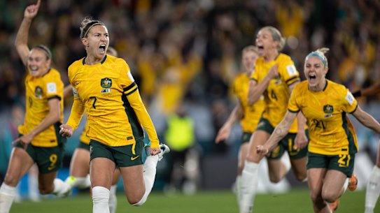 Australia’s Steph Catley celebrates scoring their first goal.