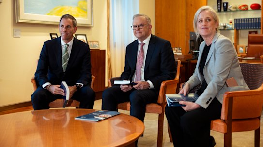 Treasurer Jim Chalmers, Prime Minister Anthony Albanese and Finance Minister Katy Gallagher put the finishing touches on the budget.