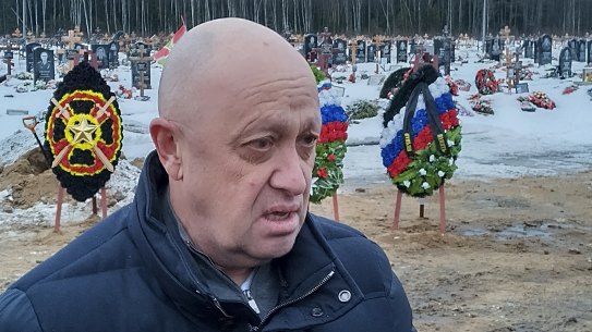 Wagner Group head Yevgeny Prigozhin at the funeral for one of his fighters who died fighting for Russia in Ukraine.
