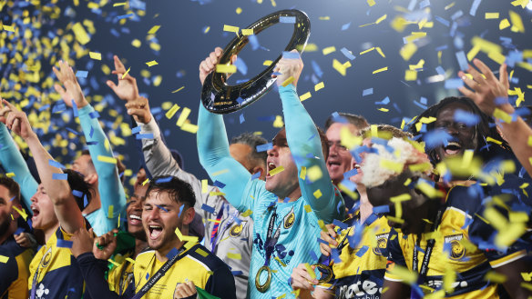 The Mariners celebrate their A-League Men grand final win earlier this year.