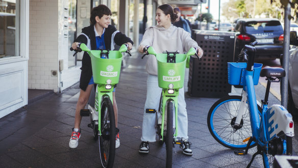 Siblings  Jack 10, and Sophie 12, using lime bikes to explore Sydney, in Oxford st in Paddington,  Wednesday 10th of July 2024. Photo: Dion Georgopoulos / The Sydney Morning Herald