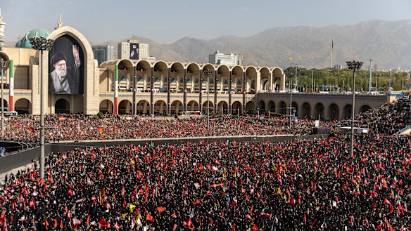 Huge crowds gather at the Imam Khomeini Grand Mosalla for a farewell ceremony for Iran’s late Ayatollah Ali Khamenei.