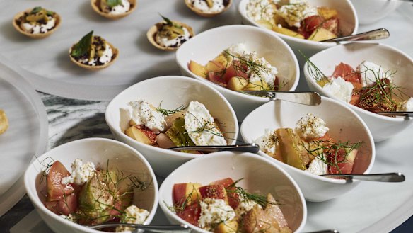 Felic Del Sample from Ao25: Tomato Heirloom, peaches, mozzarella, mozzare Hypsop. 