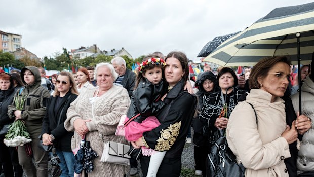 Residents of Lviv commemorate Ukrainian Independence Day in August.