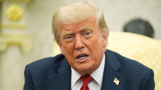 President Donald Trump speaks during a meeting with NATO Secretary General Mark Rutte in the Oval Office.